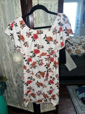 Justify White One-Shoulder Floral Dress with Pink & Orange Roses